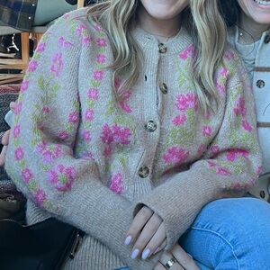 Zara Floral Beige and Pink Floral Button Up Cardigan Sweater